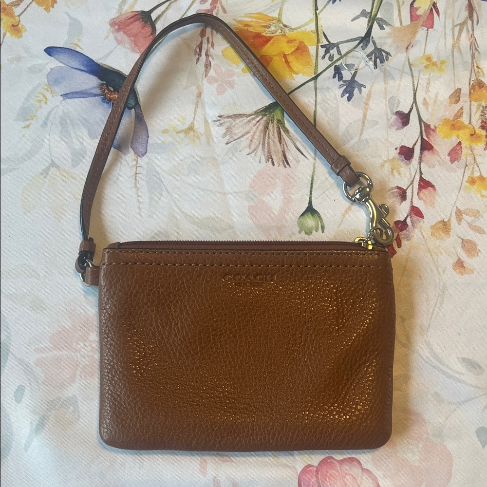 Coach Pebbled Leather Wristlet in Saddle Brown